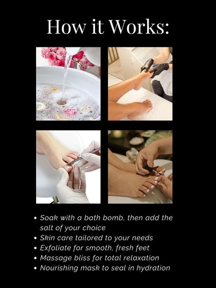 Here’s how our custom pedicure works: a luxurious soak, tailored skin care, gentle exfoliation, a relaxing massage, and a nourishing mask to finish.