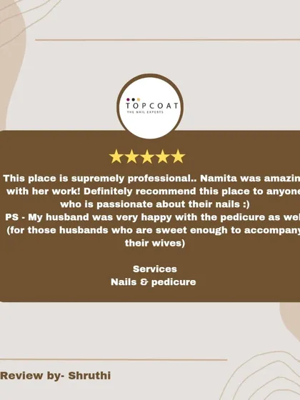 A 5-star review from Shruthi, who calls our place "supremely professional." We were also so happy to hear her husband enjoyed his pedicure while accompanying her.