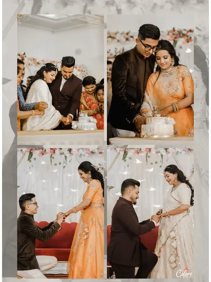 A collage capturing the key moments of a ring ceremony, from the proposal and ring exchange to the cake cutting with family.