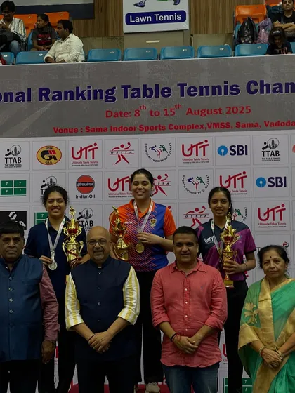 The women's singles podium, featuring our player Yashashwini with a bronze medal.