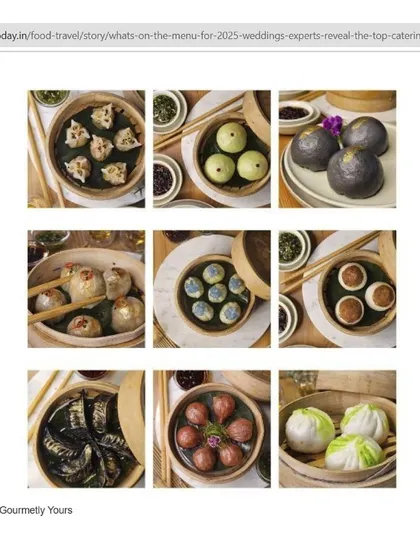 A glimpse into our Boutique Asian Cuisine expertise. This collage displays nine different varieties of our handcrafted dim sum, from classic crystal dumplings to colorful and innovative creations, all served in traditional bamboo steamers.