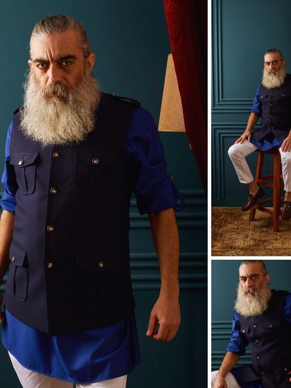 A collage showcasing our navy blue Nehru jacket. This versatile piece can be paired with a kurta for a traditional look or a shirt for a more contemporary style.