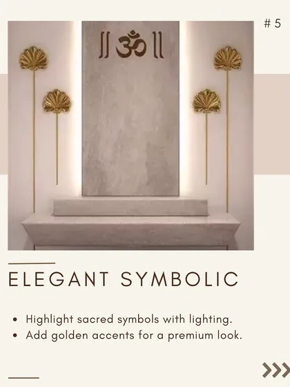 An elegant and symbolic design. Here, the sacred Om symbol is highlighted with backlighting on a textured stone panel, flanked by golden accents for a premium and modern spiritual corner.