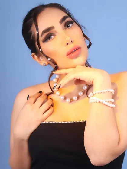 A full-color view of a conceptual beauty look. Here, I've used rhinestones in the hair and a clean, graphic eye to create a modern and polished feel, suitable for a jewelry or beauty brand advertisement.