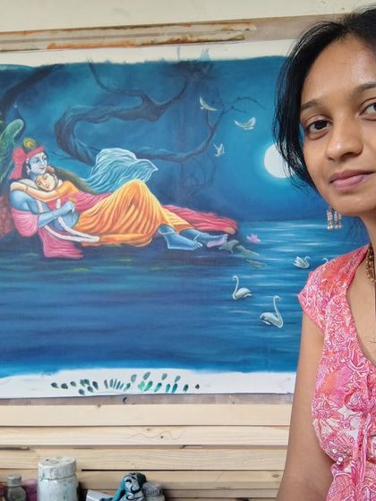 A close-up selfie with the nearly finished moonlight painting. The details are what I love most... the gentle expressions, the birds in the sky, the swans on the water.