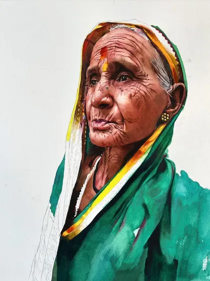A work-in-progress shot of a portrait, showing the face and green sari partially completed, giving a glimpse into the painting process.