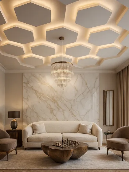 Geometric patterns can bring a sophisticated and modern feel to any space. This hexagonal gypsum ceiling design, combined with a central chandelier and ambient backlighting, creates a visually striking honeycomb effect that elevates the entire room's interior.