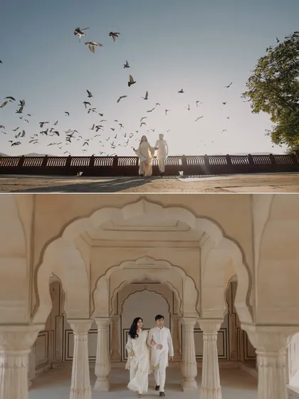 A diptych from Vedika and Yuvraj's Jaipur pre-wedding shoot. It combines a shot with a flock of birds taking flight with another of them walking through the beautiful arches of the palace, telling a story of freedom and romance.
