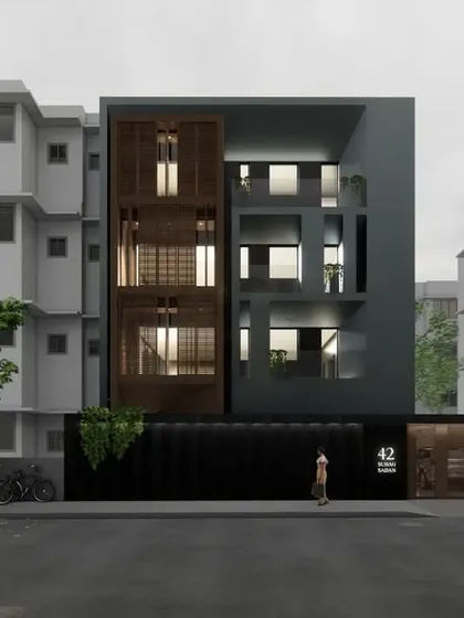 This 3D rendering for 'Project 42' shows how I approach bungalow refurbishment. My goal was to infuse a modern character into an existing structure with clean lines and a contemporary facade, creating a versatile home for a multigenerational family in Mumbai.