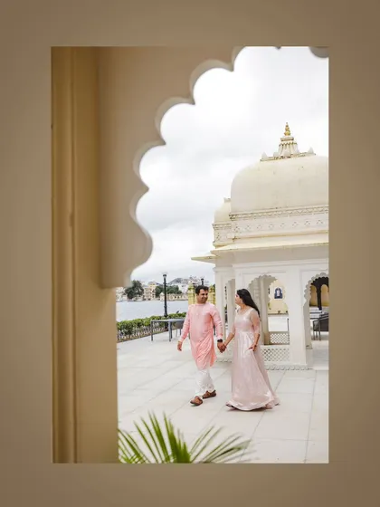 A post-wedding shoot with the iconic Lake Palace in Udaipur as the backdrop. I love capturing these relaxed moments after the main events are over.