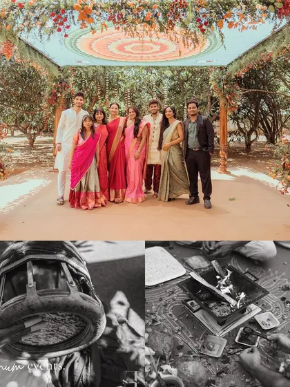 A collage showing the family together under the custom mandala mandap and close-ups of the sacred fire ritual.