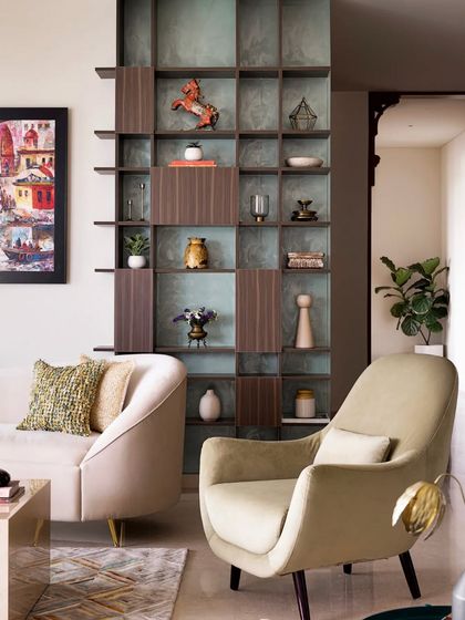 A full view of the open-closed shelving unit, showcasing how it displays a curated collection of items that summarize the home's soul.
