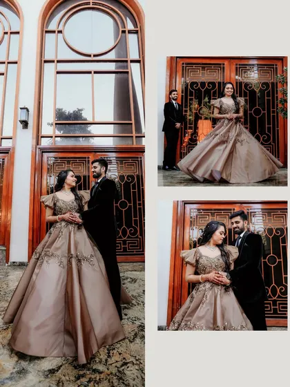 A collage of portraits from an engagement shoot, showcasing the couple's elegant outfits and the grand architecture of their venue.