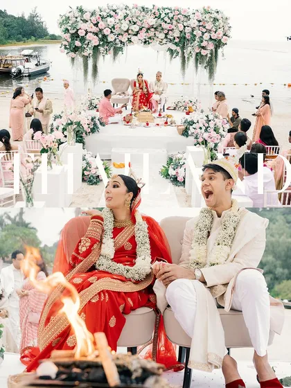 A collage from a beautiful beachside wedding in Thailand, capturing the sacred fire ceremony and the couple's joyful reactions.