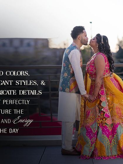 A sweet kiss against the evening sky. The bold colors and intricate details of their Sangeet outfits perfectly capture the joy and energy of the day.