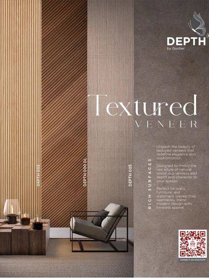 This promotional image for my 'Depth' textured veneer collection shows how fluted, diagonal, and linear patterns can transform a modern living space.
