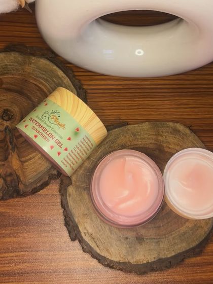 A top-down view of the beautiful texture of my Watermelon Gel Sunscreen. It's infused with watermelon extract and advanced UV-blocking agents.