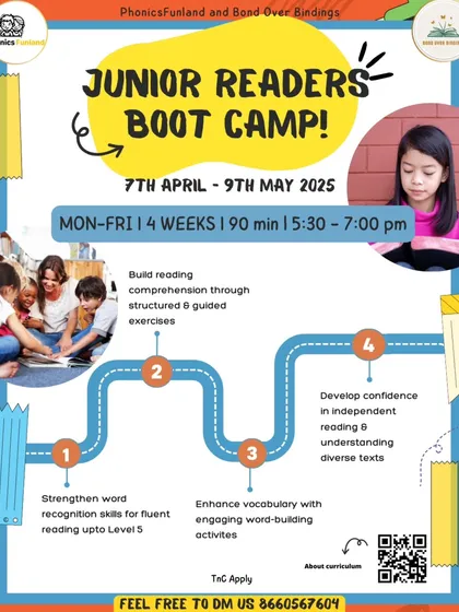 This summer, join our engaging Phonics & Reader Fluency Boot Camp. This poster details the curriculum for our Junior Readers batch, designed to build a strong foundation for literacy in a fun way.