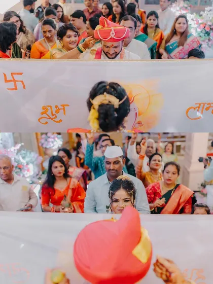 The emotional moment the 'Antarpat' is lowered, revealing the bride and groom to each other.