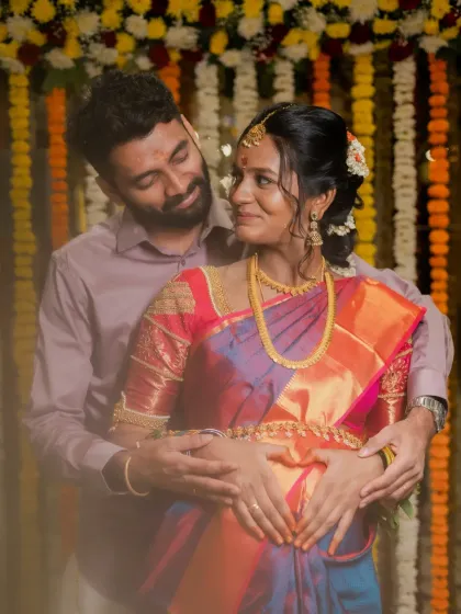 An intimate portrait from a South Indian baby shower. My goal is to capture the deep bond between parents-to-be, creating timeless images that celebrate their journey together.