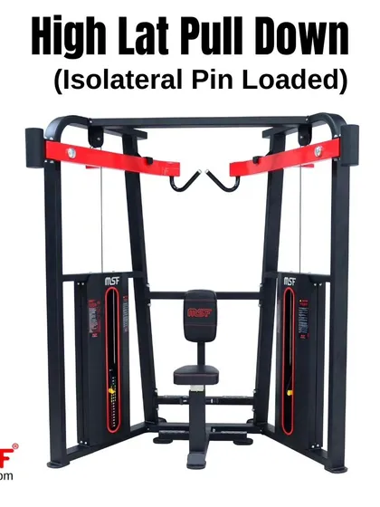 The High Lat Pulldown machine from the front, showcasing its modern black and red design and clear instructional placard.