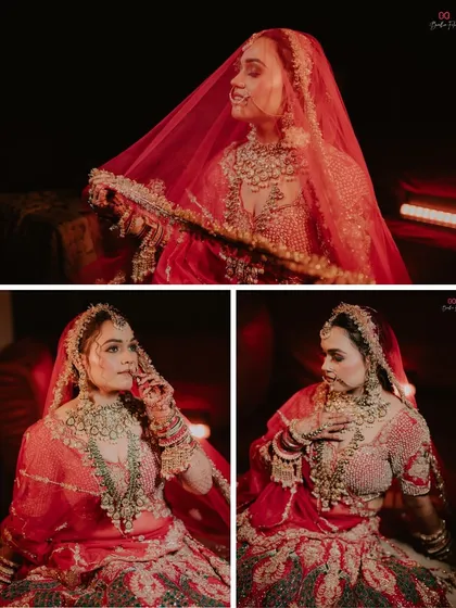 A stunning collage of bridal portraits in a classic red lehenga, using dramatic red lighting to enhance the mood and beauty of the bride.
