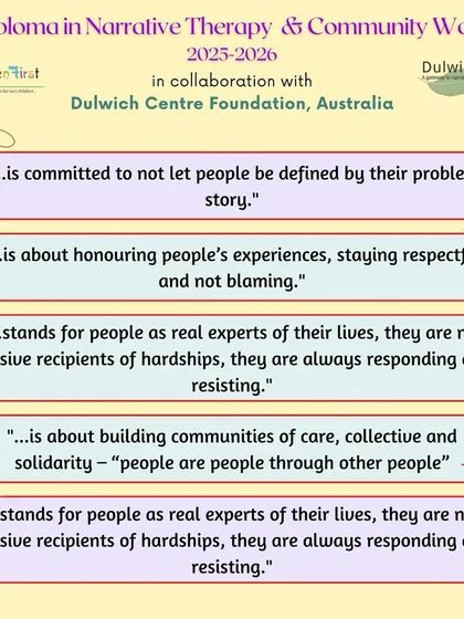 This graphic shares powerful truths that guide our Narrative Therapy program. We believe in honoring people's experiences, recognizing them as experts in their own lives, and building communities of care and solidarity.