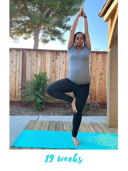 A lovely Tree Pose at 19 weeks, practiced outdoors. Connecting with nature during pregnancy is so grounding.