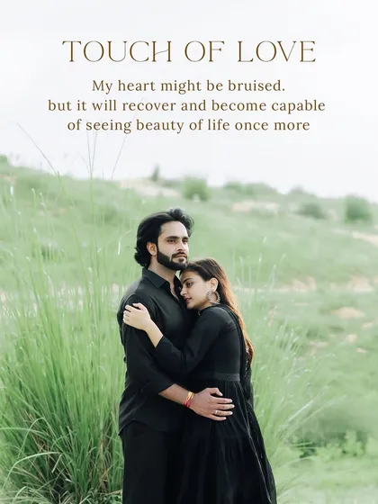 A tender embrace in a field of tall green grass. The poetic text overlay adds an extra layer of emotion to this beautiful, nature-filled portrait.