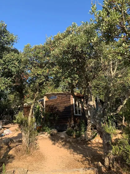 A view of one of the wooden cabins nestled amongst the trees at our Italy retreat. The location is designed to help you feel completely immersed in nature.