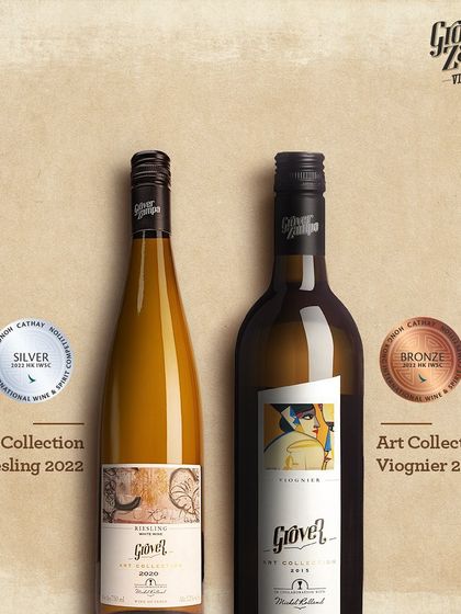 Our Art Collection Riesling and Viognier, showcasing their silver and bronze medals, respectively. A testament to the quality of our white wines.