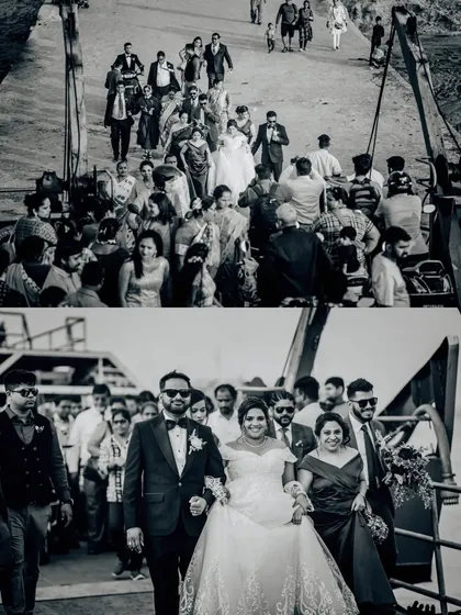 A black and white collage of the "Ferry Tale" wedding, showing the procession onto the ferry. This captures a unique part of their wedding day story.