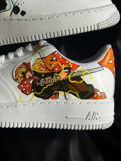 A detailed side view of the Zenitsu custom sneaker, capturing his Thunder Breathing First Form in action.