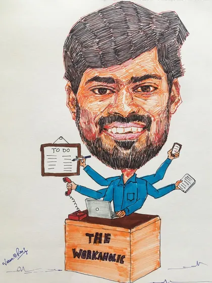 The "Workaholic" caricature, complete with multiple arms for multitasking. This style is created with pens and brush pens, which allows for both fine lines and bold color fills.