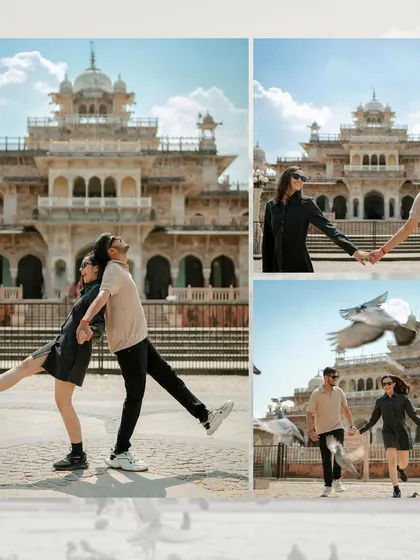 A modern and fun pre-wedding shoot for a couple at Albert Hall Museum, capturing their playful energy and stylish outfits.