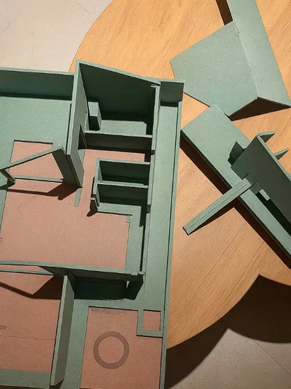 A deconstructed view of the Alibaug study model. This helps in visualizing how different architectural elements come together to form the complete structure.