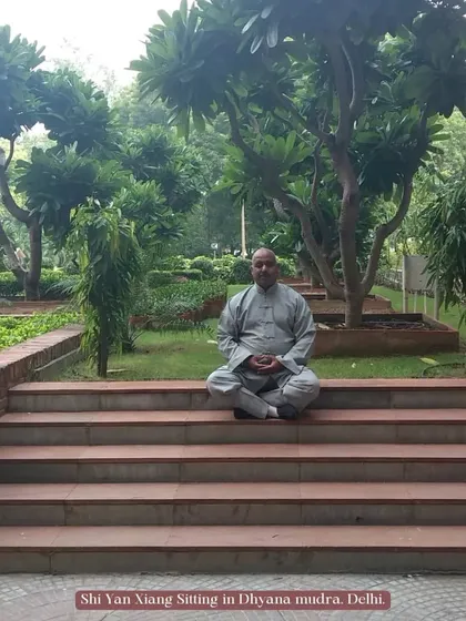 We also train the mind. Here I am sitting in Dhyana mudra, a meditation practice to calm the mind and cultivate inner peace. This is the "Xiu Xin Yang Shen" part of our training, to cultivate the heart and spirit.