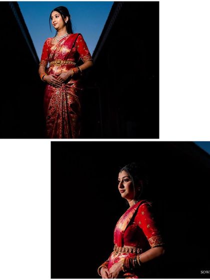 A diptych of a bride in a striking red saree. The portraits are shot with dramatic lighting against a dark background, creating a powerful and artistic look.