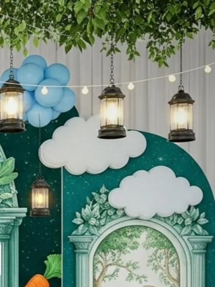 This shot highlights the hanging decor elements, including vintage-style lanterns and fluffy white cloud cutouts. These details, suspended against the dark green backdrop, add a sense of depth and magic to the stage.