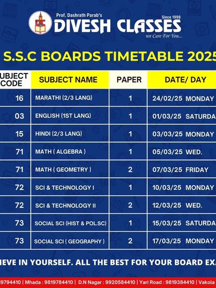 The S.S.C. Boards Timetable for 2025 is here. We provide this schedule to help our students plan their study and revision effectively for each subject, from Marathi to Social Science.