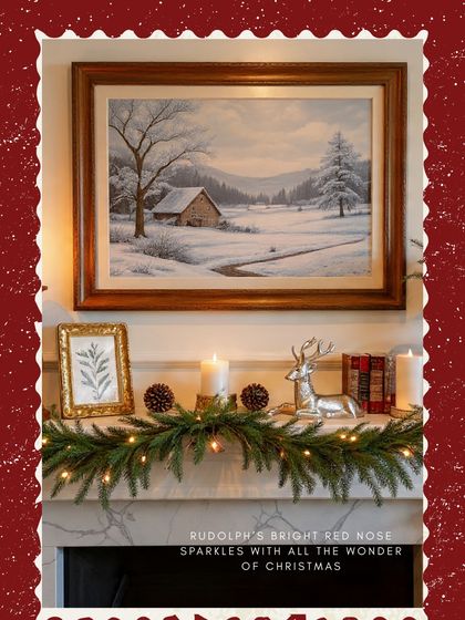 Rudolph's bright nose sparkles with all the wonder of Christmas. A silver reindeer figurine adds a touch of festive charm to this cozy fireplace mantel.