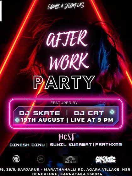 Flyer for an "After Work Party" at Hammered in HSR Layout, a popular event for the corporate crowd.