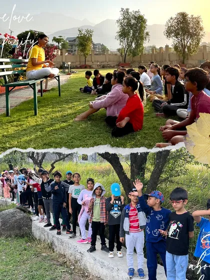From outdoor satsang to group walks, this collage highlights the community and nature-focused aspects of our family retreats.