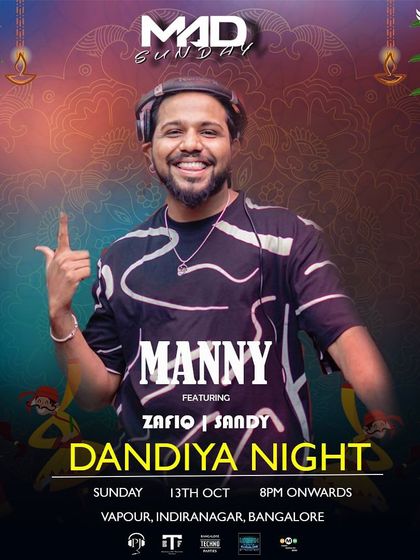 A Dandiya Night themed poster for "Mad Sunday," showing how we adapt our events for festive seasons.