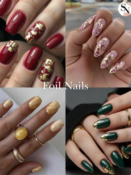 Foil nails add a touch of texture and shine. This board features designs using gold and rose gold foil over various base colors like red, pink, and green.