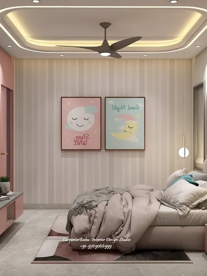 The wall opposite the bed features cute, cartoonish art prints, adding to the room's playful and child-friendly vibe.