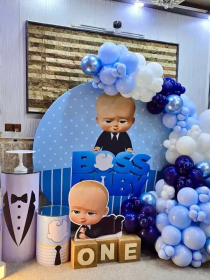 For the little boss in your life, we created this fun "Boss Baby" first birthday theme. The setup includes character cutouts, a themed backdrop, custom-wrapped pedestals, and a blue and white balloon arrangement for a playful and stylish party.