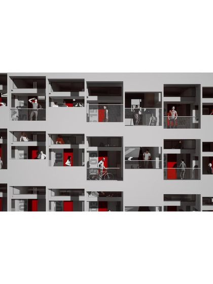 A conceptual render for the "Coilspace" student hostel, exploring the idea of the corridor as a social space. The facade is imagined as a grid of rooms where the lives of students are visible.