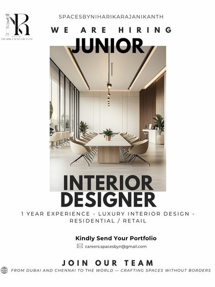 A chic, minimalist ad for a Junior Interior Designer position at Spaces by Niharika Rajanikanth in Chennai, targeting candidates with 1 year of luxury design experience.