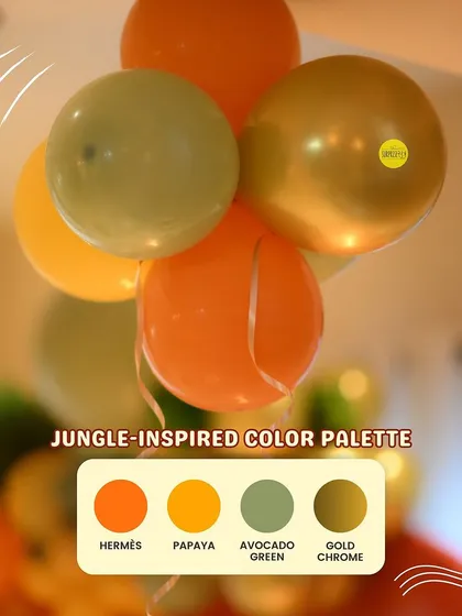 A close-up of the jungle-inspired color palette used for a "Wild One" first birthday party. We use specific color combinations like Hermes, Papaya, Avocado Green, and Gold Chrome to bring a theme to life.